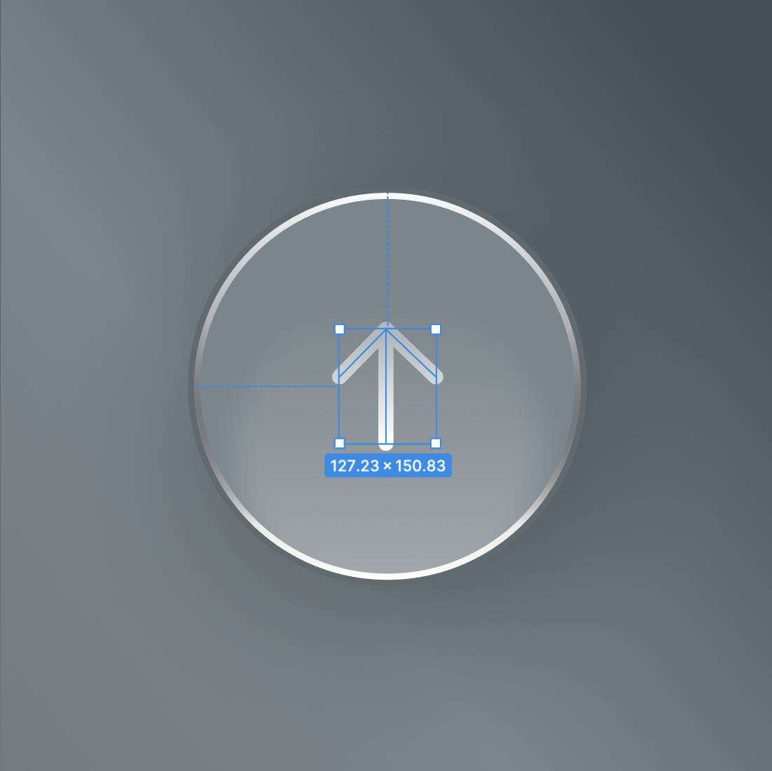 Figma canvas showing the upward arrow vector centered on the glass button.
