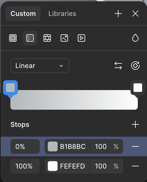 Figma stroke settings for the arrow — center, 20px, linear gradient.