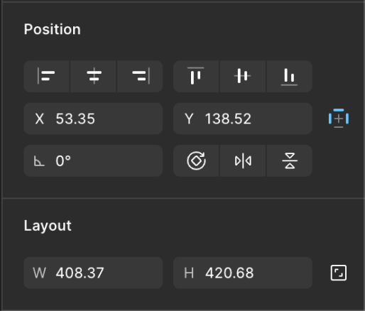 Figma position and layout panels for the core button shape.