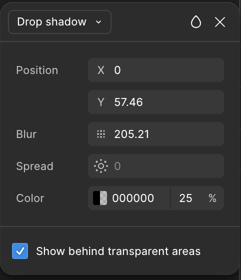 Figma drop shadow effect panel with position, blur, and color settings.